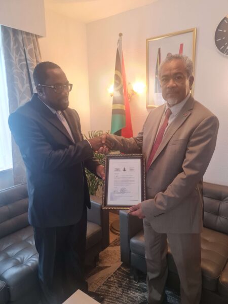 Prof. Hugh K Aryee presenting his credentials to Vanuatu's Ambassador to Europe, H.E Ambassador Georges Maniuri at the Vanuatu Embassy in Brussels 6th March 2023.